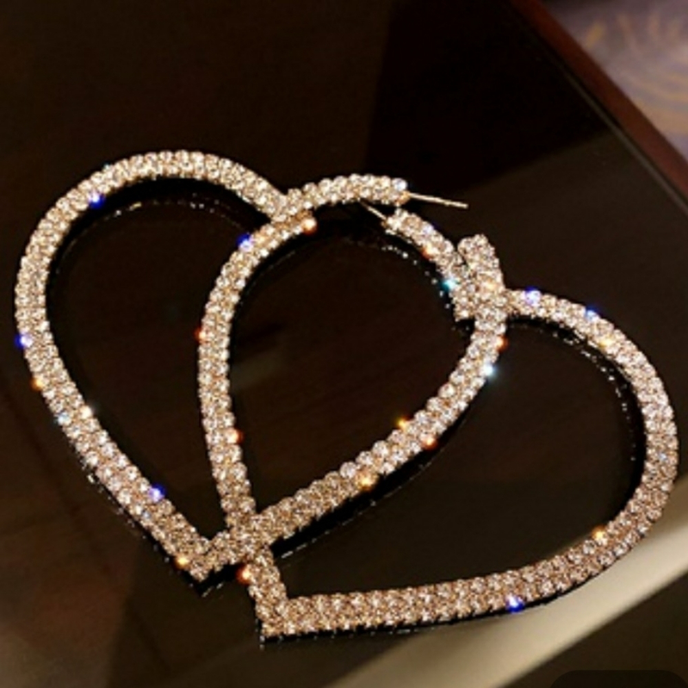 Silver Hoop Rhinestone Heart Earrings Silver Tone 925 Post - Picture 6 of 11